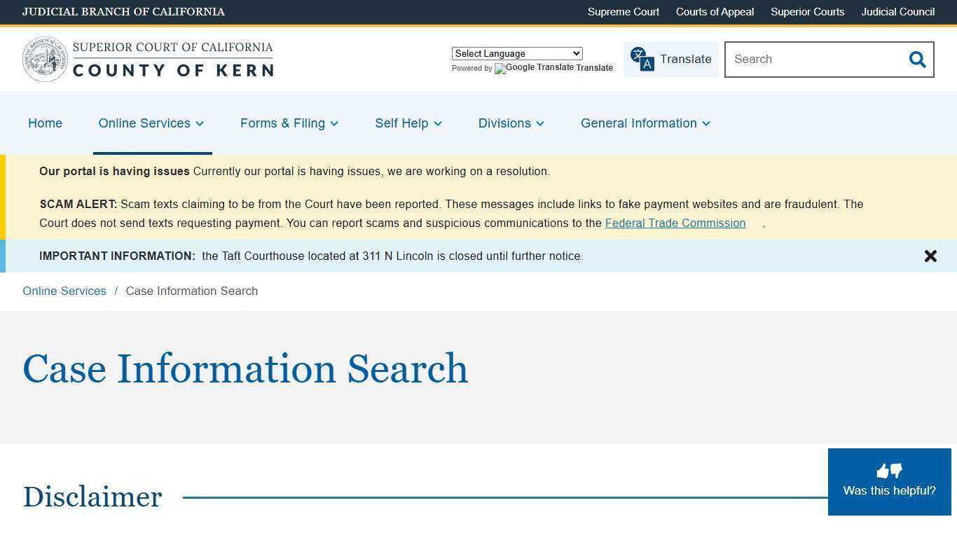 Case Information Search Superior Court of California County of Kern